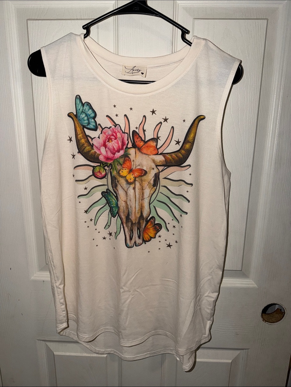 Avery White Tank Top with Colorful Floral Skull and Butterflies